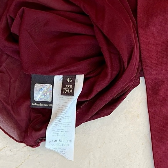 Roberto Cavalli V Neck Burgundy Gathered Accents Midi Sheath Dress - Picture 10 of 11